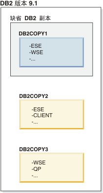 当存在多个 DB2 副本时缺省 DB2 副本的示例。