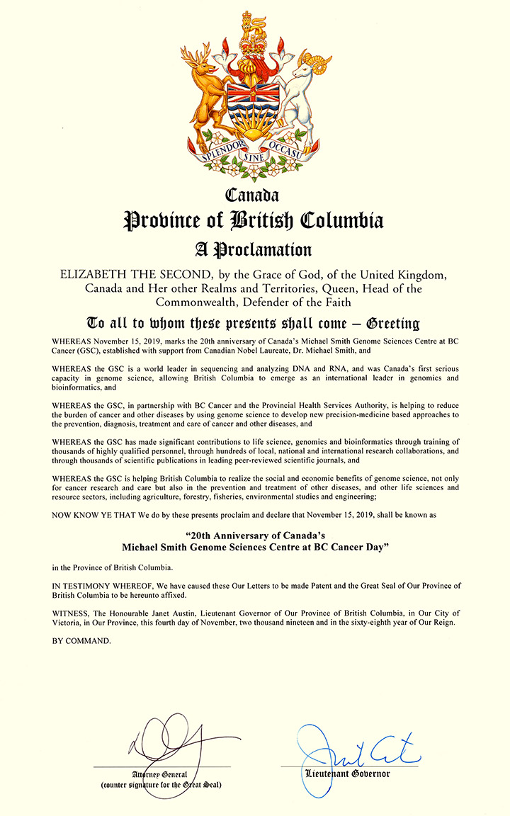 B.C. Government Proclamation donating 15 November 2019 as "20th Anniversary of Canada's Michael Smith Genome Sciences Centre at BC Cancer Day"